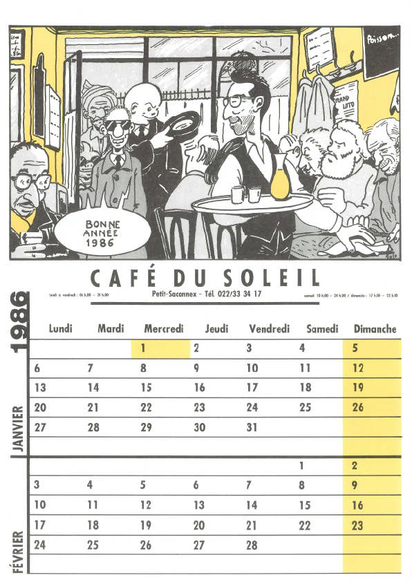 Calendrier 1986 du Café du Soleil illustré par un artiste